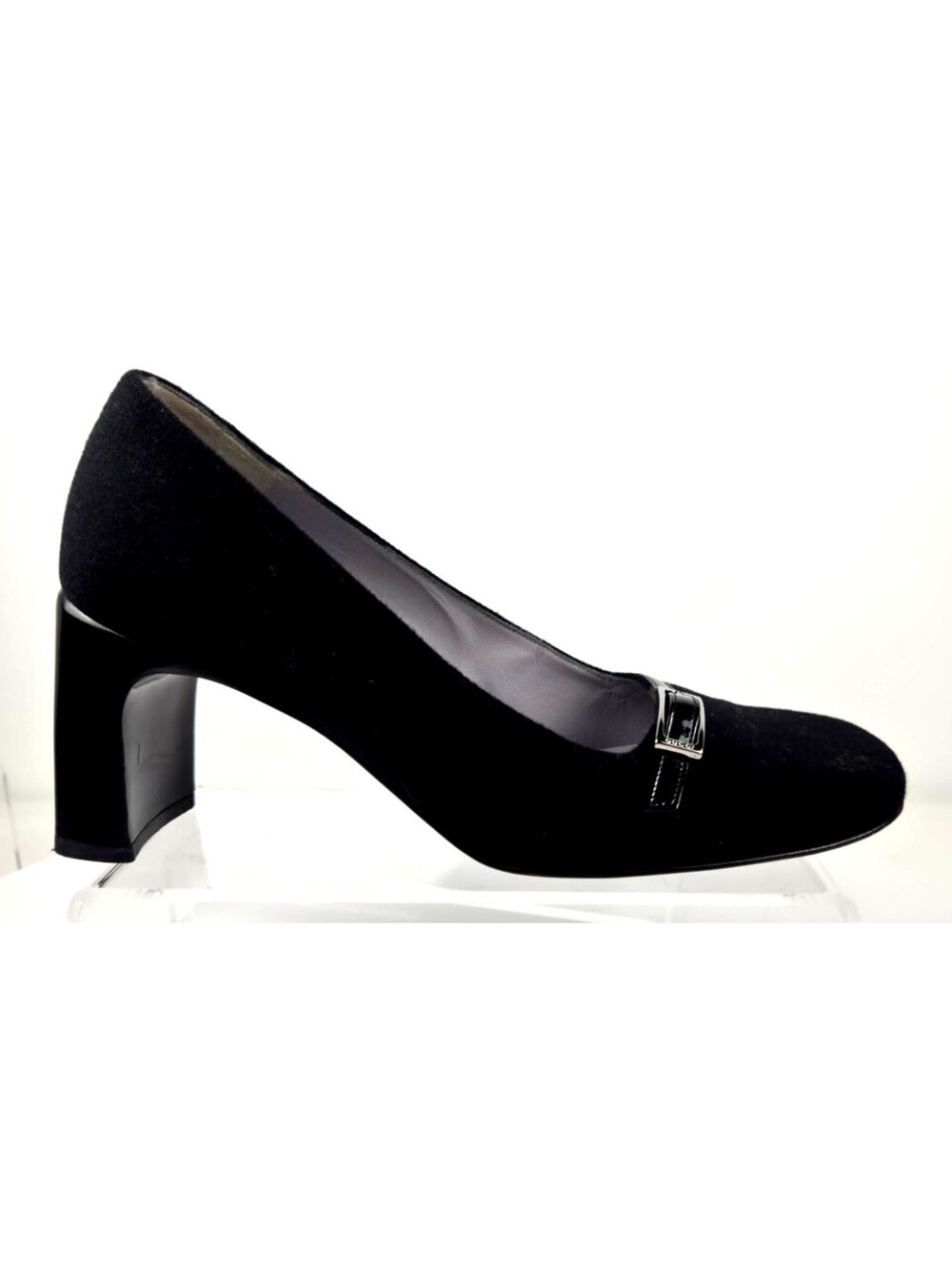 Gucci Black Suede Block Heel Pumps with Buckle Detail Size 7B
